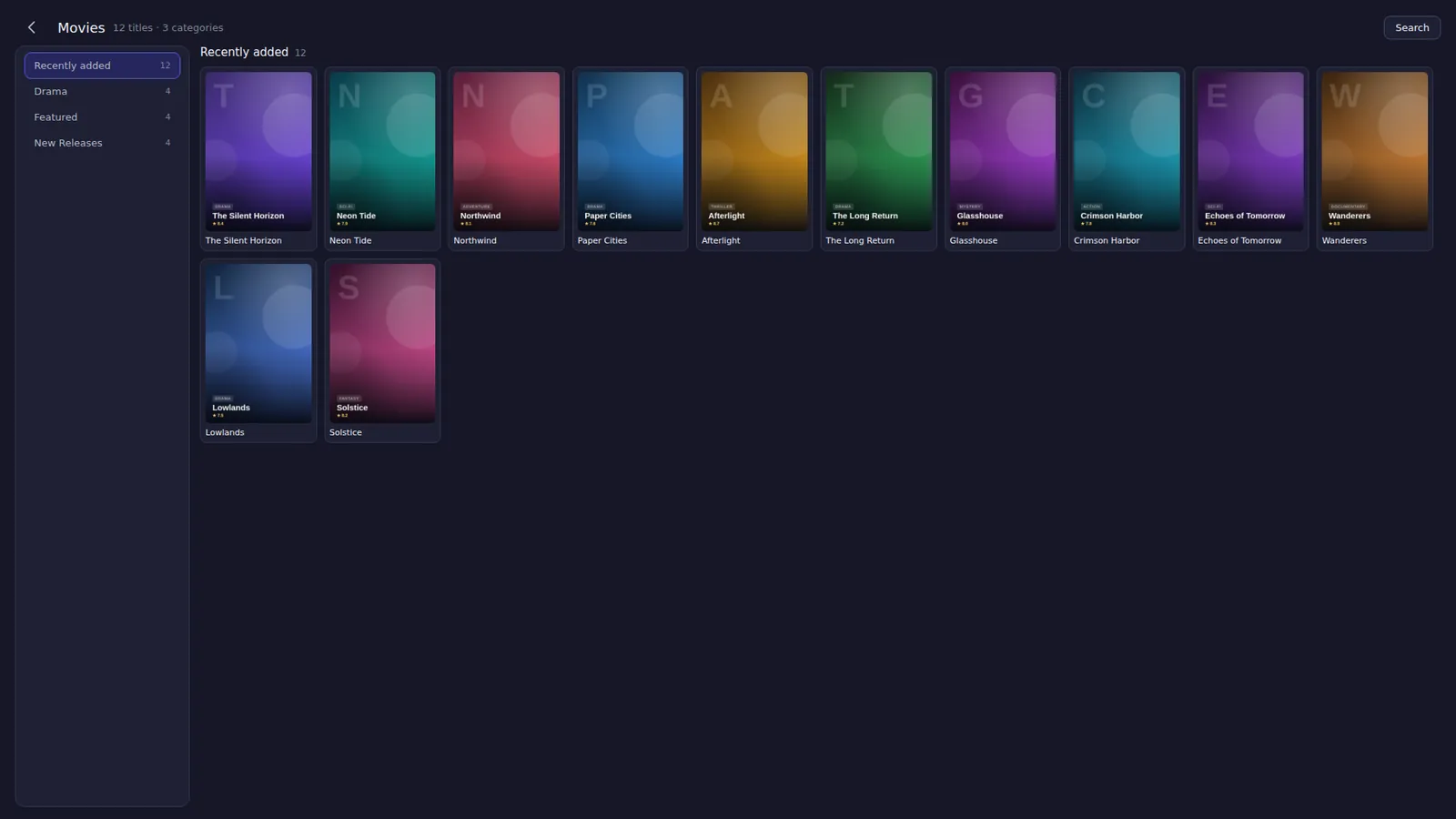 Fibravo Player movies grid in dark theme showing poster artwork